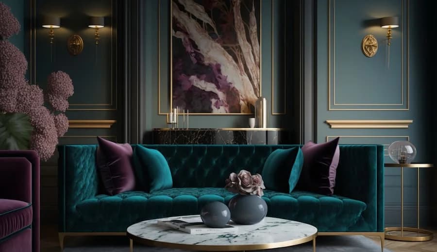 Sufragerie în stilul art deco . Sursa: <a href="https://www.freepik.com/free-photo/modern-living-room-with-elegant-decor-comfortable-sofa-generative-ai_40950084.htm#query=art%20deco%20room&position=1&from_view=search&track=ais">Image by vecstock</a> on Freepik