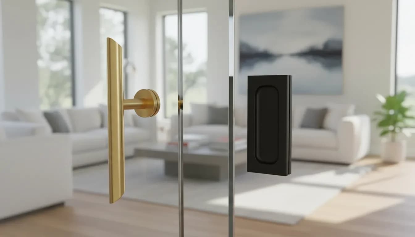 Două tipuri de mânere pentru uși glisante din sticlă pe fundal de living