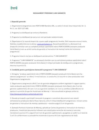 Coperta regulamentului de garantie publicat de PORTA Doors